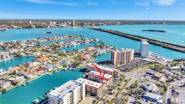 aerial view with a view of city and a water view