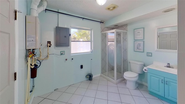 bathroom with electric panel, visible vents, toilet, vanity, and a shower stall