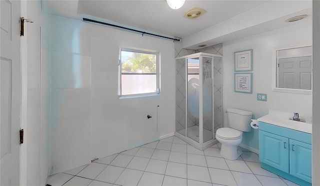 full bath with toilet, a stall shower, visible vents, and vanity