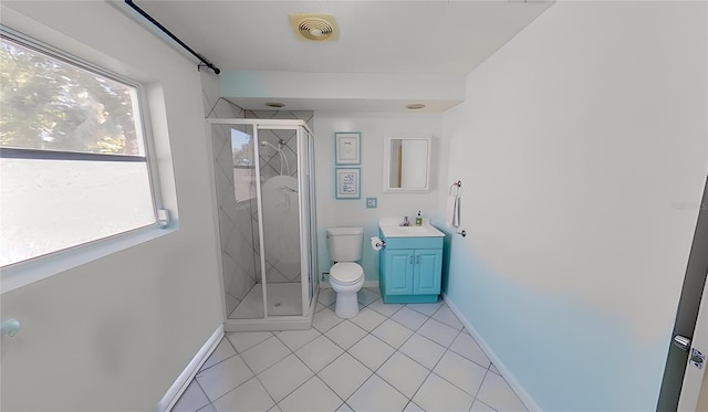 full bath featuring visible vents, a shower stall, toilet, and vanity