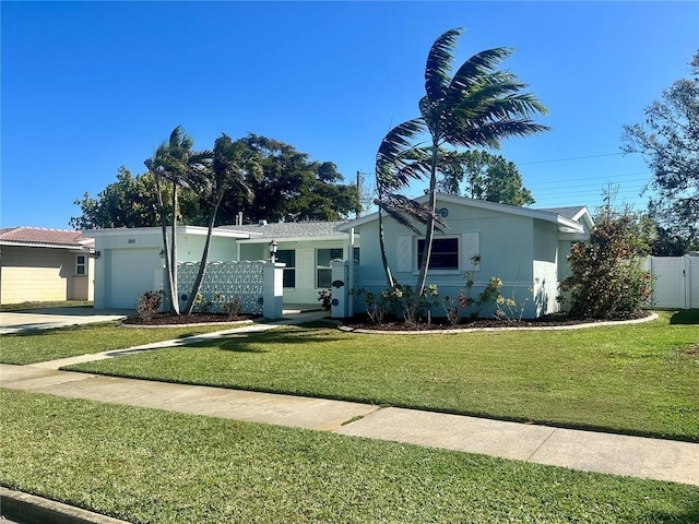 view of front of property with a garage, a gate, fence, a front lawn, and stucco siding