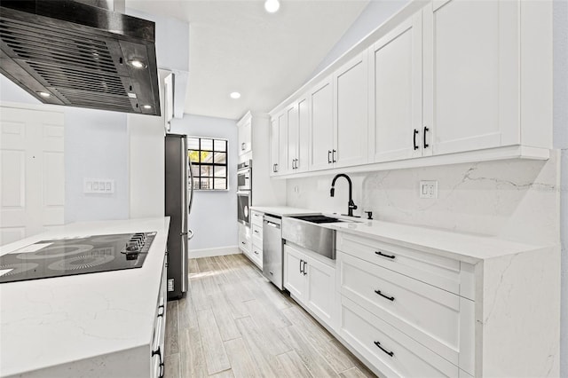 kitchen with wood finish floors, extractor fan, stainless steel appliances, white cabinetry, and a sink