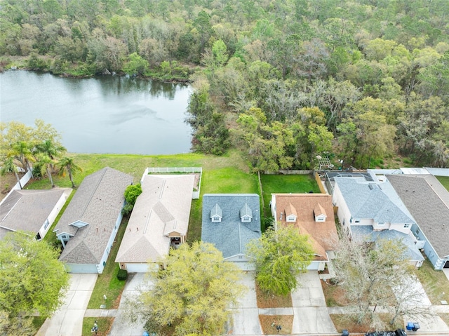 birds eye view of property with a water view and a residential view