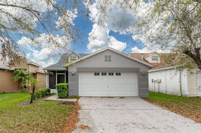 view of front facade featuring an attached garage, a front lawn, concrete driveway, and stucco siding