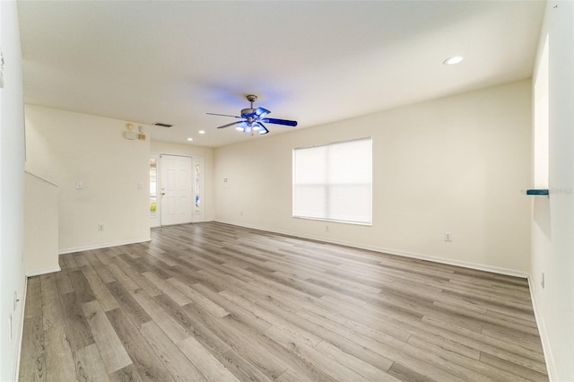 spare room with recessed lighting, visible vents, ceiling fan, and light wood finished floors