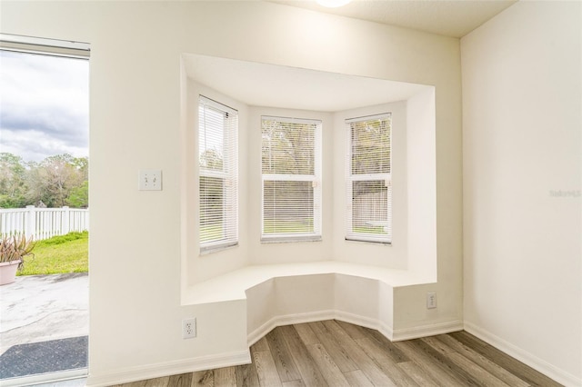 unfurnished dining area with baseboards and wood finished floors