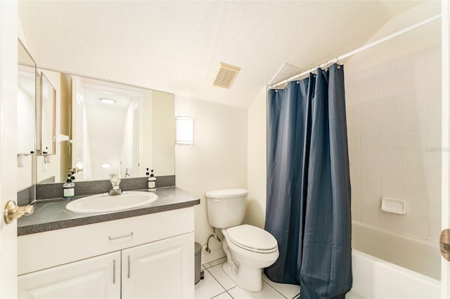 full bath featuring tile patterned flooring, toilet, shower / tub combo, vanity, and visible vents