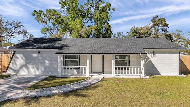 ranch-style house with roof with shingles, fence, a porch, and a front yard