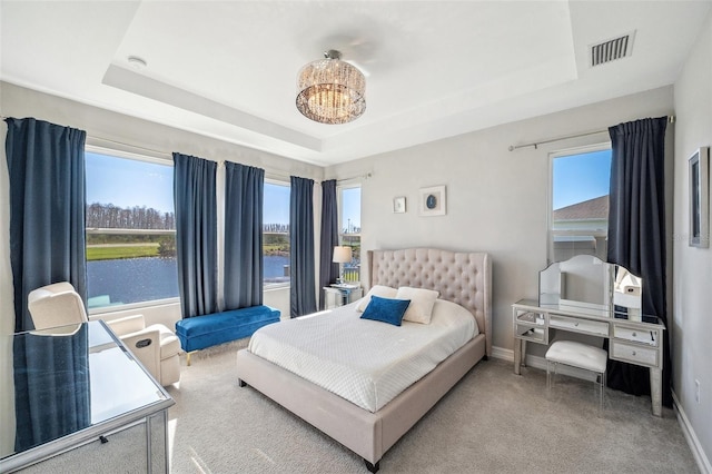 bedroom featuring a tray ceiling, multiple windows, visible vents, and baseboards