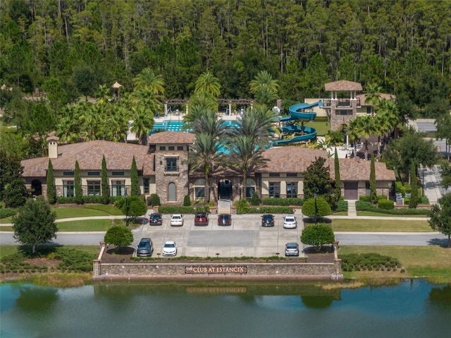 aerial view featuring a water view