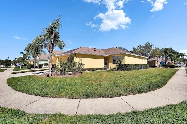 view of property exterior featuring concrete driveway, a lawn, a garage, and stucco siding