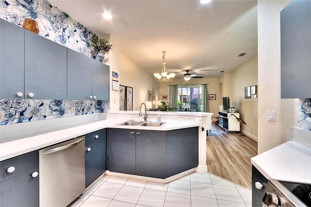 kitchen with appliances with stainless steel finishes, light countertops, a peninsula, and a sink