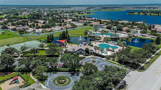 bird's eye view with a residential view and a water view