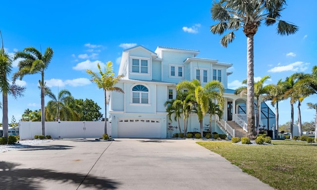 view of front of house with a gate, fence, concrete driveway, an attached garage, and stairs