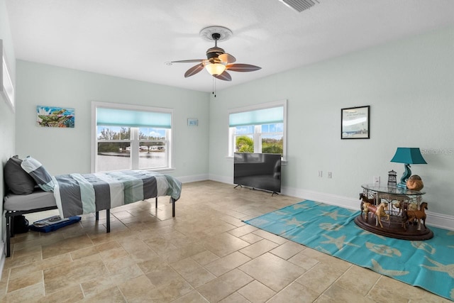 bedroom featuring visible vents, baseboards, and ceiling fan