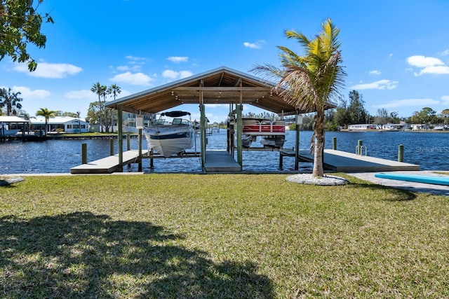 view of dock featuring a lawn, a water view, and boat lift