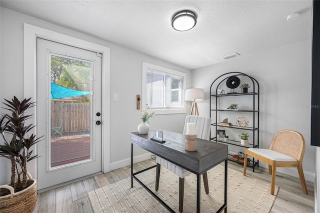 interior space featuring light wood-style floors, a textured ceiling, baseboards, and a wealth of natural light