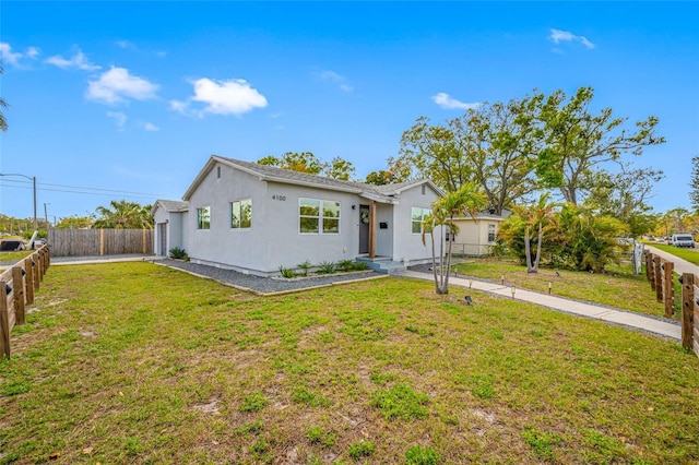 view of front of property with fence private yard, a front lawn, and stucco siding