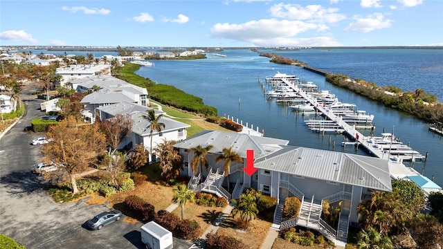 aerial view featuring a water view