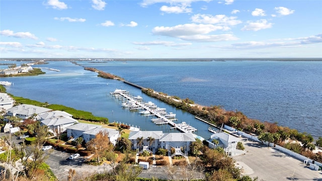 aerial view featuring a water view and a residential view