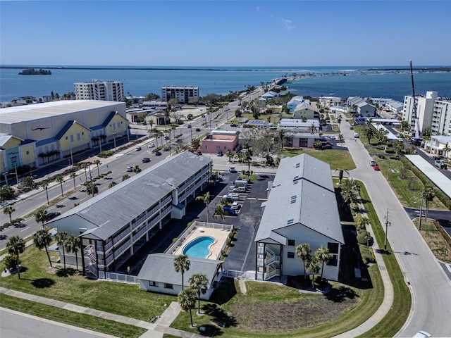 drone / aerial view with a water view