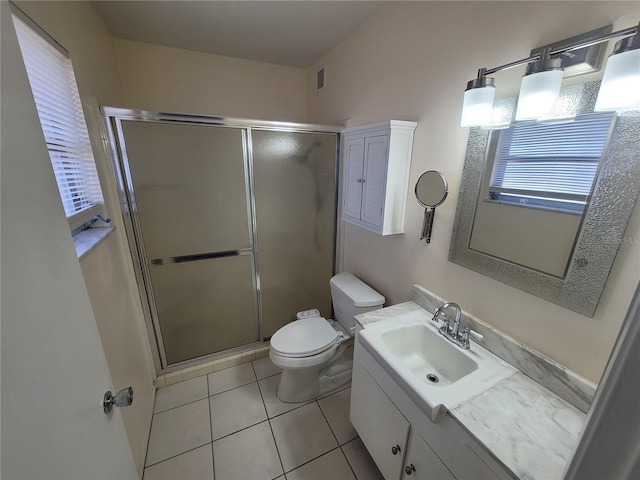 full bath featuring vanity, a shower stall, toilet, and tile patterned floors