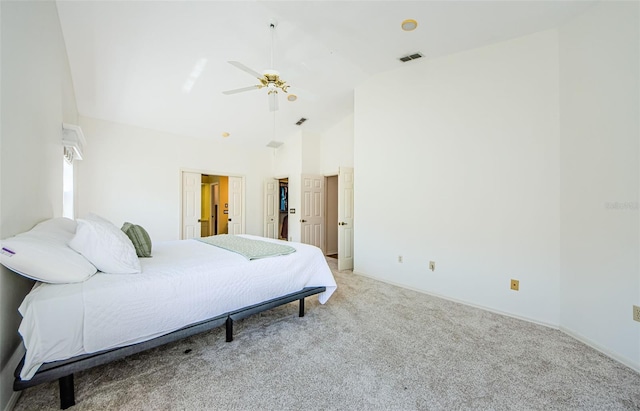 bedroom featuring light carpet, visible vents, high vaulted ceiling, and a ceiling fan