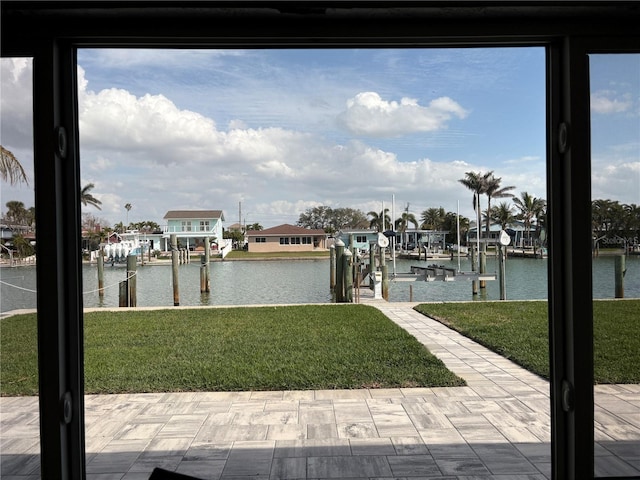 exterior space featuring a dock and boat lift