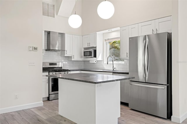 kitchen with white cabinets, wall chimney exhaust hood, visible vents, and stainless steel appliances