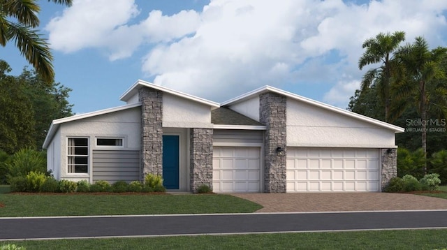 view of front of home with an attached garage, stone siding, decorative driveway, and stucco siding