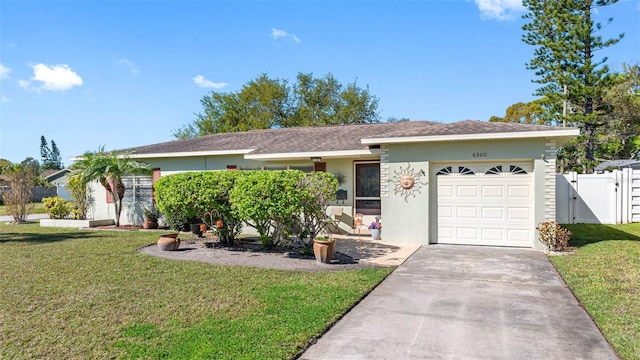 ranch-style home featuring driveway, a front lawn, an attached garage, and stucco siding