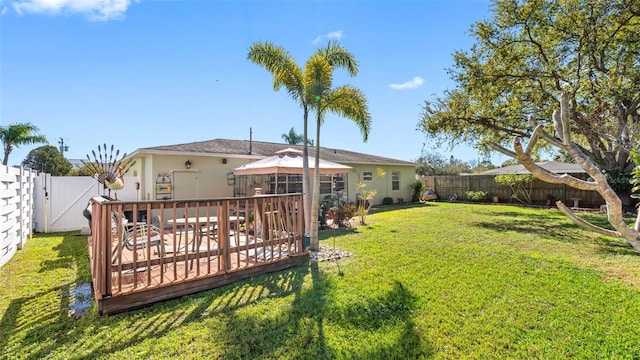 view of yard with a fenced backyard, a gate, and a wooden deck