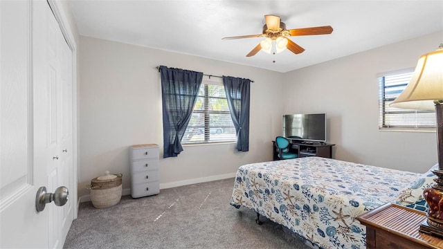 carpeted bedroom with a ceiling fan, a closet, multiple windows, and baseboards