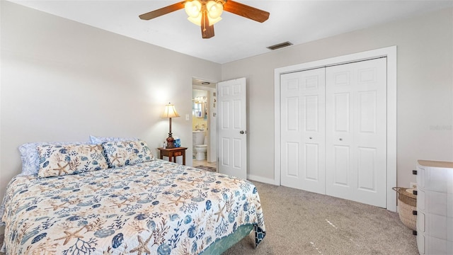 bedroom with carpet floors, a closet, visible vents, ceiling fan, and baseboards