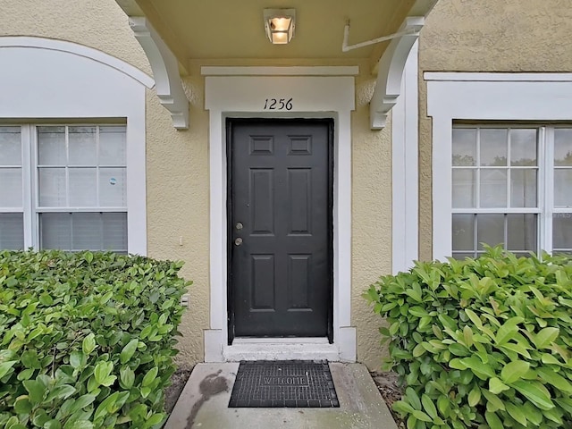 doorway to property with stucco siding