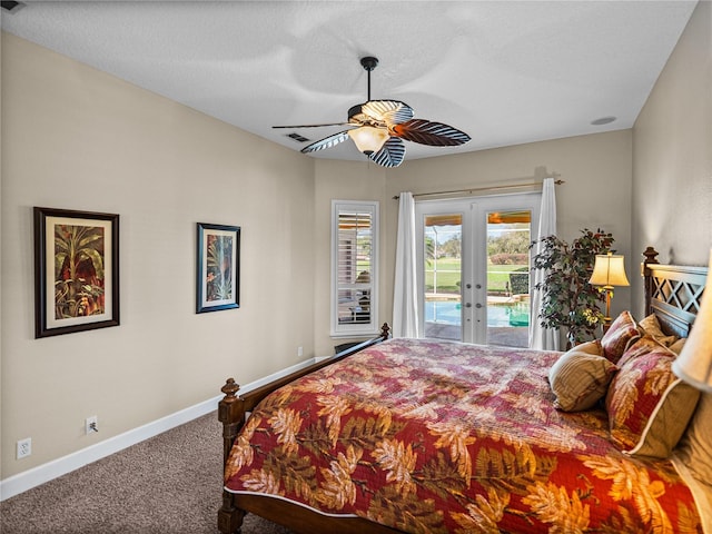 bedroom featuring a ceiling fan, baseboards, access to outside, french doors, and carpet