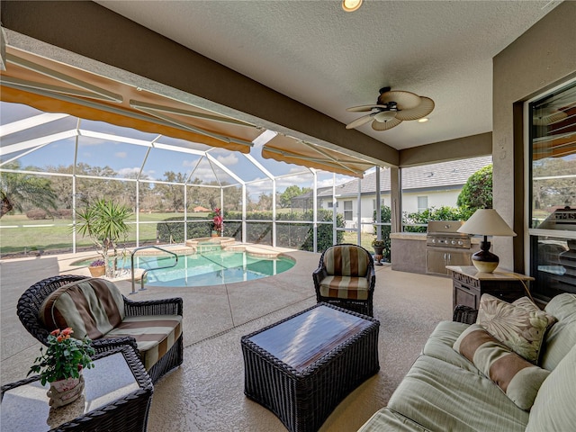 exterior space featuring a lanai, an outdoor living space, exterior kitchen, and area for grilling