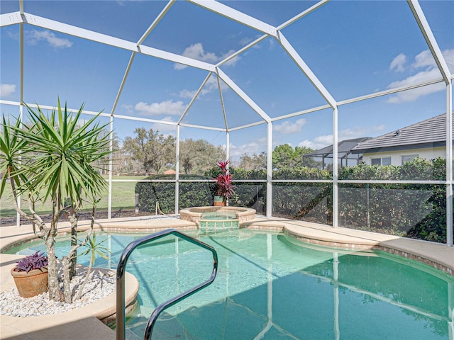 view of swimming pool featuring glass enclosure, a patio, and a pool with connected hot tub