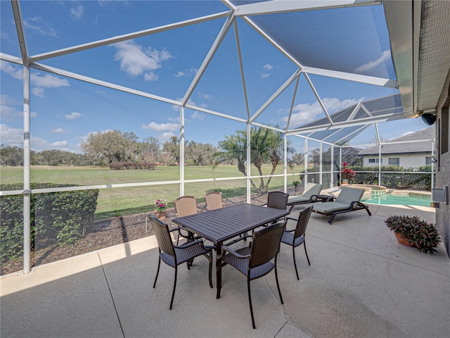 view of patio / terrace with glass enclosure, an outdoor pool, and outdoor dining space