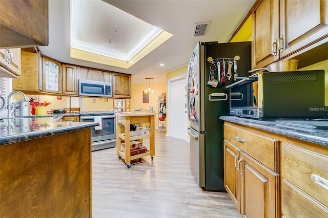 kitchen featuring visible vents, a raised ceiling, stainless steel appliances, light wood-type flooring, and a sink