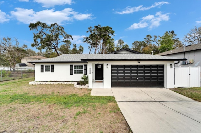 ranch-style home featuring a garage, concrete driveway, a front yard, and fence