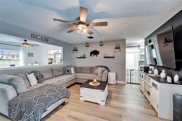 4118 Ramona Dr, Spring Hill, FL 34606 - living room featuring ceiling fan, light wood finished floors, and a textured ceiling