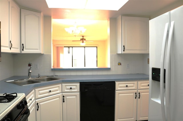 kitchen featuring decorative backsplash, white cabinets, dishwasher, and white refrigerator with ice dispenser