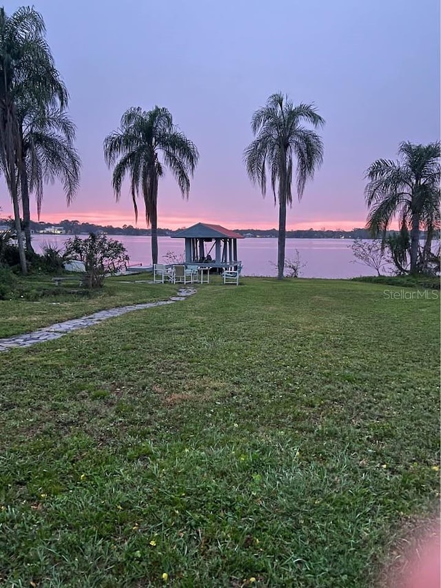 dock area with a water view and a yard