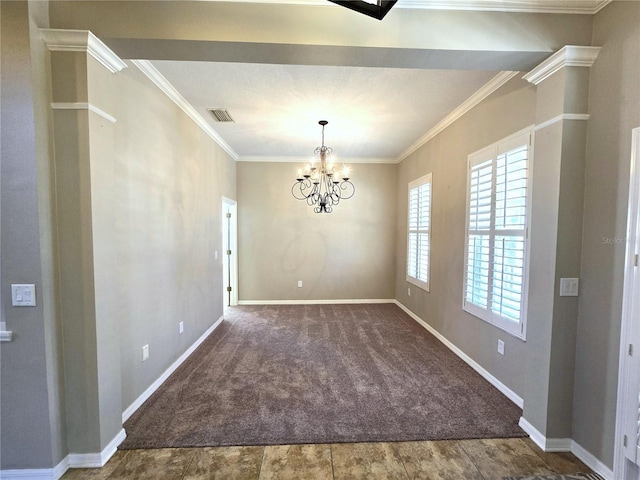 unfurnished dining area with visible vents, baseboards, carpet, crown molding, and a notable chandelier