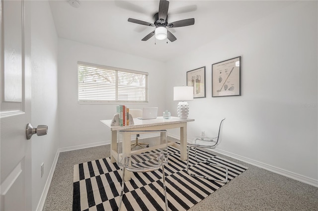 office with ceiling fan, baseboards, and carpet flooring