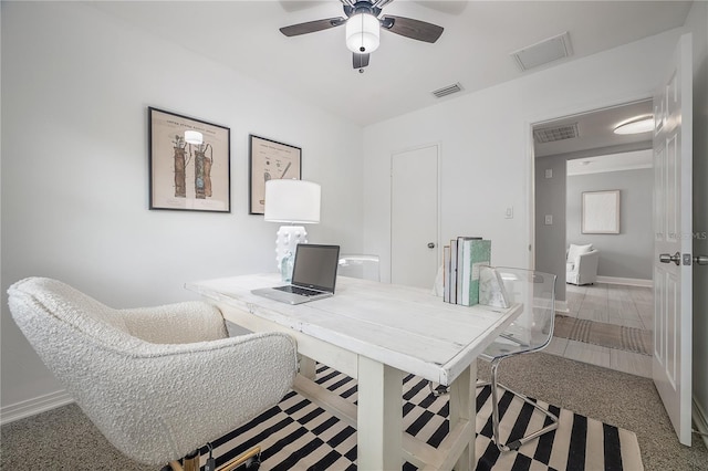 office area with a ceiling fan, visible vents, and baseboards