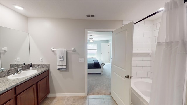 10115 Paradise Fish Dr, Riverview, FL 33578 - full bathroom featuring vanity, a ceiling fan, visible vents, tile patterned floors, and shower / tub combo with curtain