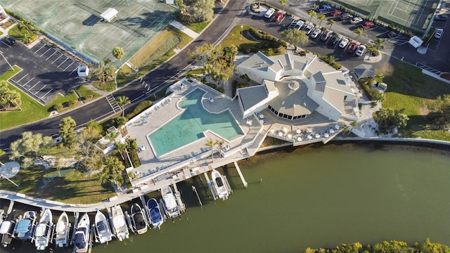 drone / aerial view with a water view