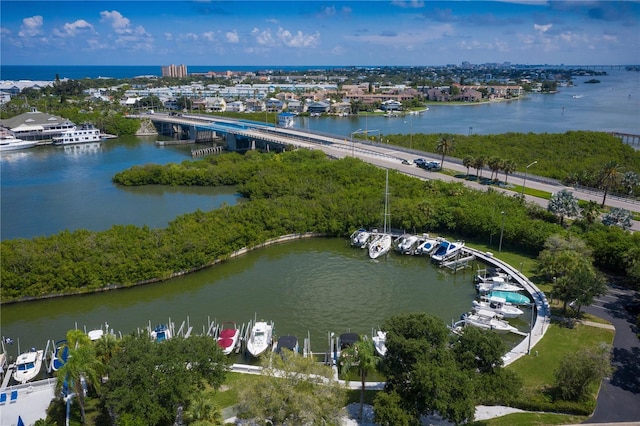 bird's eye view with a water view